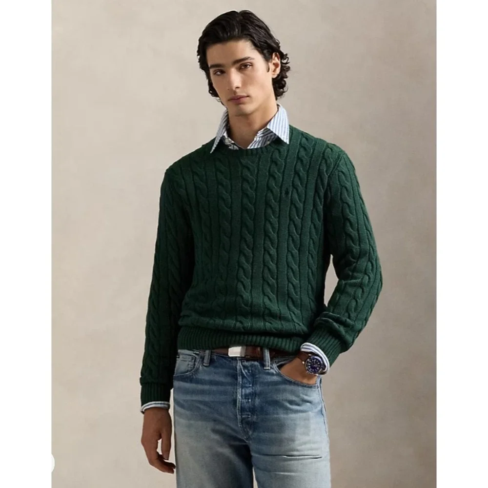Polo Ralph Lauren Mens Cable Knit Cotton Sweater Green Purple Pony Large NWT NEW - Picture 2 of 5